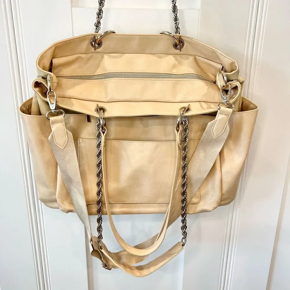 Beis The Baby Bag in Beige Buffalo Trim Vegan Leather 5 Pockets Gold Hardware